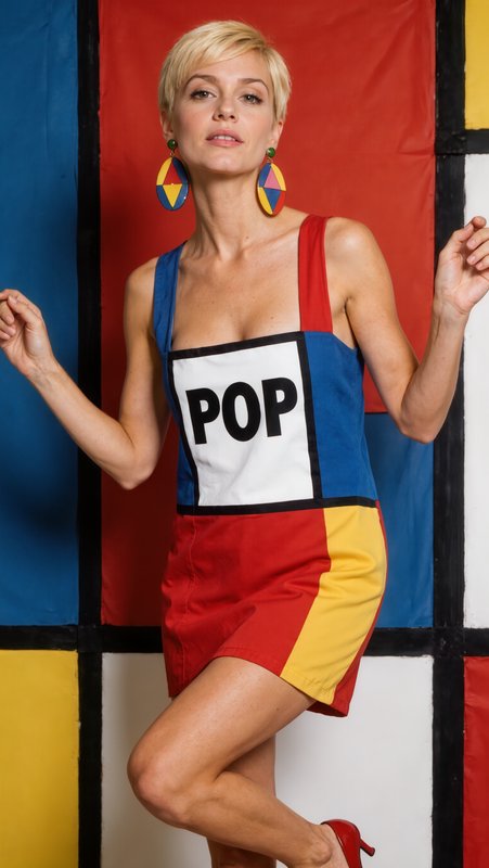 a natural beauty with blonde hair in a 1960s pixie cut, a slender figure with long sculpted legs and pear shaped breasts , wearing a Mondrian Dress: , color blocked in 4 complementary primary colors and one white square featuring an iconic pop art image or word, mary quant style large geometric earrings in a complementary color, she is in a fun. relaxed pose and is playing to the camera, the background is blocked in large squares of color that complement the dress with bold black lines, kodachrome 35mm f/1.8, classic 1960s fashion editorial look