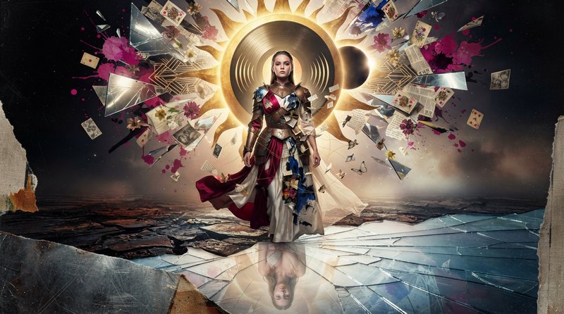 16:9 surreal eclectic mixed-media masterpiece inspired by the emotional themes of an unstoppable woman who hides vulnerability behind absolute confidence.**

A striking young woman stands alone at the centre of a vast dreamlike landscape, **calm, defiant and completely self-possessed, her posture suggesting she cannot be broken. She wears an extravagant hybrid outfit assembled from **tailored couture, metallic armour, fragments of vintage fashion, painted canvas, feathers, mirrored surfaces and delicate translucent fabric

Her exterior appears powerful and immaculate, but subtle cracks reveal a completely different inner world:*tiny fragments of handwritten memories, wilted flowers, torn photographs and fragile paper butterflies emerging from beneath the armour

Around her, create an extraordinary collision of visual styles: Art Deco geometry, expressionist brushwork, surrealist dream imagery, punk collage, vintage magazine fragments, hand-painted typography, metallic sculpture, torn paper, ink washes and splashes of vivid pigment

Behind her rises an enormous surreal theatrical sun, simultaneously resembling a spotlight, a vinyl record, a golden shield and an eclipse. Radiating from it are fragments of shattered mirrors, playing cards, flowers, newspaper scraps and abstract symbols.

The ground beneath her transitions from dark fractured earth into brilliant reflective glass, suggesting that the world itself is changing beneath her feet. Her reflection appears subtly different — softer, vulnerable and human — while the woman above remains powerful and composed.

Use contrasting visual languages throughout: polished chrome beside rough canvas, delicate watercolour beside aggressive ink, luxurious gold beside distressed black, photographic realism beside hand-painted abstraction.

Colour palette: deep black, ivory, crimson, electric cobalt, antique gold and flashes of magenta, with dramatic luminous highlights.

Lighting: theatrical chiaroscuro, intense backlight, glowing rim light, shafts of atmospheric light, reflective highlights and deep cinematic shadows.

Composition:powerful central figure, strong vertical symmetry broken by chaotic surrounding elements, layered foreground/midground/background, controlled visual hierarchy, generous negative space, dynamic diagonals and exceptional depth.

Texture: tactile paper fibres, brush strokes, scratched metal, cracked glass, fabric weave, ink bleeding, photographic grain and subtle analogue imperfections.

Style: sophisticated contemporary gallery installation photographed as a cinematic still, surreal editorial fashion photography fused with mixed-media fine art, **beautifully chaotic but deliberately composed**, intellectually intriguing, emotionally powerful and visually unforgettable.

16:9 widescreen, exceptional fine detail, razor-sharp focal subject, cinematic depth, rich tonal range, sophisticated colour grading, physically believable materials, no generic AI aesthetic, no cluttered composition.