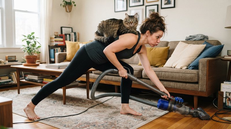 # Accidental Yoga — Vacuuming

**16:9 humorous editorial photograph from the “ACCIDENTAL YOGA” series.** An adult woman is caught mid-vacuum while cleaning a living room, leaning forward in an unexpectedly elegant, exaggerated yoga-like pose as she stretches the vacuum cleaner toward a difficult-to-reach spot beneath a sofa. A completely relaxed **cat is perched across her upper back and shoulders like a tiny yoga instructor**, perfectly balanced and utterly unconcerned, looking directly at the camera.

Natural candid expression, the woman trying to maintain concentration while clearly struggling with the ridiculous situation. Vacuum hose and cable create strong dynamic curves through the composition. Comfortable lived-in home, scattered cushions, rug, coffee table and subtle everyday clutter.

**Playful editorial photography, excellent comic timing, believable anatomy and physics, realistic cat behaviour, expressive body language, warm natural window light, cinematic depth, sharp detailed fur and fabric textures, crisp focus, sophisticated composition, subtle film grain, charming rather than slapstick.**

**16:9 widescreen, full-body composition, dynamic diagonal pose, clean visual storytelling, high-end lifestyle photography.**