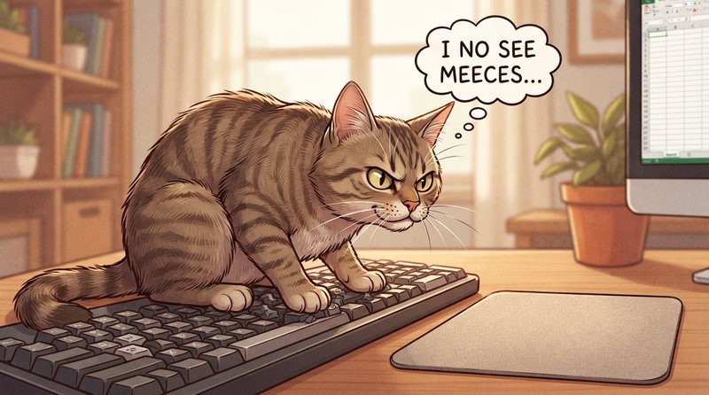 Comedy editorial illustration, 16:9. A mischievous house cat sitting squarely on a computer keyboard, completely ignoring the keys, staring intensely at a mousemat beside the keyboard with an exaggerated predatory hunter's gaze. Ears forward, pupils narrowed, body tense, ready to pounce. The mousemat is completely empty. The absurd contrast is the joke: the cat is hunting the "mouse" that isn't there. Above the cat, a comic thought bubble reads exactly: "I no see meeces..". Warm home-office setting, playful facial expression, slightly exaggerated proportions, polished humorous illustration, expressive body language, clean composition, charming sitcom aesthetic, crisp details, comedic timing, no actual computer mouse visible.