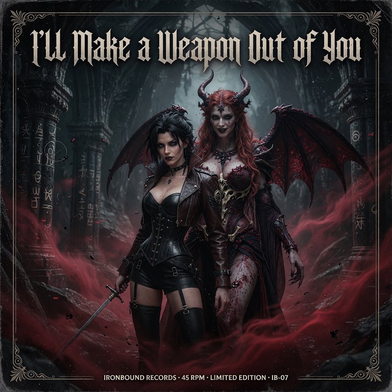 Create a **premium 7-inch single record cover, 1:1 square composition**, dark gothic fantasy with cinematic album-art sophistication. Use **Image 1 as the exact visual reference for Cordelia (“Cordy”) Voss** and **Image 2 as the exact visual reference for Lilitha Noctis**. Preserve their recognizable faces, hairstyles, clothing, proportions, and overall character identity.
Cordelia and Lilitha stand together in a tense, intimate composition, suggesting **danger, obsession, power, and an unexpected bond**. Cordelia positioned slightly forward, Lilitha just behind her, both looking toward camera with contrasting expressions: Cordelia fierce and determined, Lilitha calm, ancient, amused, and quietly terrifying. Their poses should imply that either could become the other's greatest weapon.
Background: **blackened gothic cathedral ruins**, fractured stone, drifting crimson mist, subtle supernatural glow, faint occult markings and shadowy architectural details. Add restrained metallic textures, scratches, aged paper grain, and deep ink-black shadows.
Typography: elegant but aggressive gothic/industrial title lettering:
**I’LL MAKE A WEAPON OUT OF YOU**
Small premium record details: **IRONBOUND RECORDS · 45 RPM · LIMITED EDITION · IB-07**, tiny catalogue markings, ornamental borders and authentic vintage pressing-label details.
**Visual style:** gothic album cover, dark fantasy editorial photography, painterly realism, cinematic chiaroscuro, ink-and-oil textures, subtle crimson accents, sophisticated rather than cheesy, premium collectible 7-inch sleeve, dramatic composition, highly detailed, atmospheric, tactile print texture.
**Important:** Image 1 = Cordelia reference. Image 2 = Lilitha reference. Keep both characters faithful to their reference images while redesigning the environment and composition around them. No extra characters, no weapons obscuring their faces, no excessive text, no cartoon aesthetic.