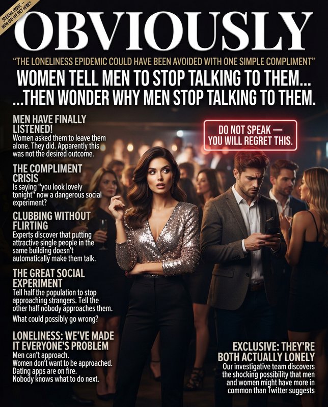 Create a **glossy, professionally designed satirical women's lifestyle magazine cover** titled **“OBVIOUSLY”**.

Overall tone: **sharp British-style social satire, deliberately overdramatic, self-aware, ridiculous but believable**, like a glossy lifestyle magazine that accidentally tells the truth about modern dating and social isolation.

### Main headline:

**“WOMEN TELL MEN TO STOP TALKING TO THEM…”**

Huge subheadline:

**“…THEN WONDER WHY MEN STOP TALKING TO THEM.”**

Smaller teaser:

**“THE LONELINESS EPIDEMIC COULD HAVE BEEN AVOIDED WITH ONE SIMPLE COMPLIMENT”**

### Cover image:

A glamorous, stylish woman in her late 20s dressed up for a night out, standing in a sophisticated nightclub surrounded by other beautifully dressed people.

She looks slightly bewildered because **nobody is approaching her or complimenting her outfit**.

Nearby, a nervous-looking man is clearly considering saying something, but has an enormous imaginary warning sign above him reading:

**“DO NOT SPEAK — YOU WILL REGRET THIS.”**

He ultimately decides to check his phone instead.

The woman notices nobody has approached and looks increasingly confused.

The scene should be **funny rather than hostile**, with both characters portrayed sympathetically as victims of contradictory modern social expectations.

### Additional satirical headlines:

**“MEN HAVE FINALLY LISTENED!”**
*Women asked them to leave them alone. They did. Apparently this was not the desired outcome.*

**“THE COMPLIMENT CRISIS”**
*Is saying “you look lovely tonight” now a dangerous social experiment?*

**“CLUBBING WITHOUT FLIRTING”**
*Experts discover that putting attractive single people in the same building doesn't automatically make them talk.*

**“THE GREAT SOCIAL EXPERIMENT”**
*Tell half the population to stop approaching strangers. Tell the other half nobody approaches them. What could possibly go wrong?*

**“LONELINESS: WE'VE MADE IT EVERYONE'S PROBLEM”**
*Men can't approach. Women don't want to be approached. Dating apps are on fire. Nobody knows what to do next.*

**“EXCLUSIVE: THEY'RE BOTH ACTUALLY LONELY”**
*Our investigative team discovers the shocking possibility that men and women might have more in common than Twitter suggests.*

Small cover badge:

**SPECIAL ISSUE — HOW DID WE GET HERE?**

Visual style: **premium glossy women's magazine, high-end editorial photography, realistic nightclub lighting, sophisticated typography, immaculate professional layout, fashionable but natural-looking people, subtle humour, British magazine satire, believable cover hierarchy, crisp readable text, slightly exaggerated facial expressions, polished print finish.**

Make the satire **balanced and observational**, with the joke being the contradictory social rules and communication breakdown rather than portraying either gender as stupid or malicious.

**Aspect ratio: 4:5 portrait.**
