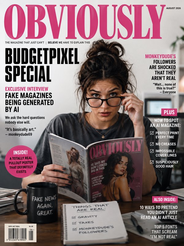 Satirical "Obviously" August 2026 parody magazine cover, featuring a confused woman reading and humorous AI content