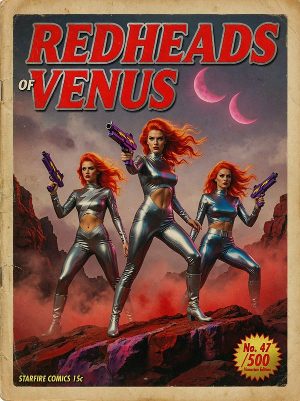 Vintage pulp sci-fi comic cover "Redheads of Venus" showing three red-haired space women with ray guns on an alien rocky l...