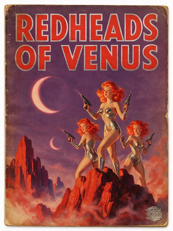 [Vintage sci-fi pulp cover "Redheads of Venus" showing red-haired women with ray guns on an alien rocky planet under cresc...