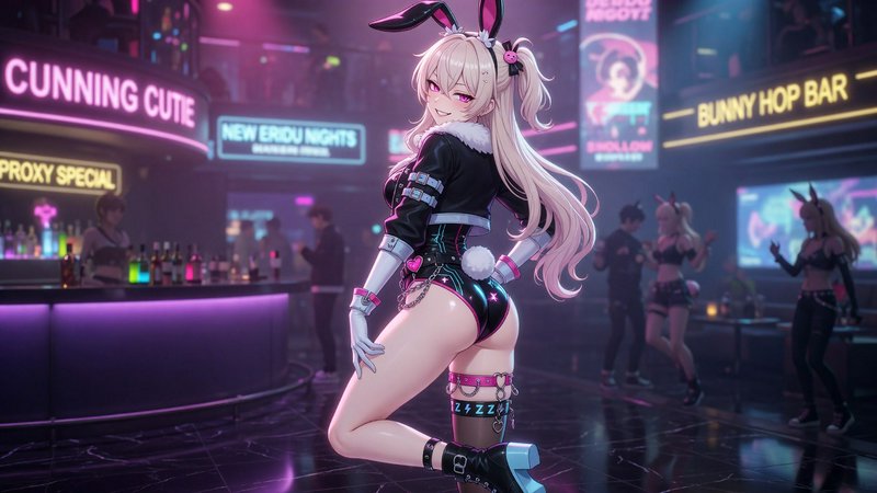 [Blonde anime bunny girl in a techwear bunny suit poses in a glowing neon cyberpunk nightclub bar]