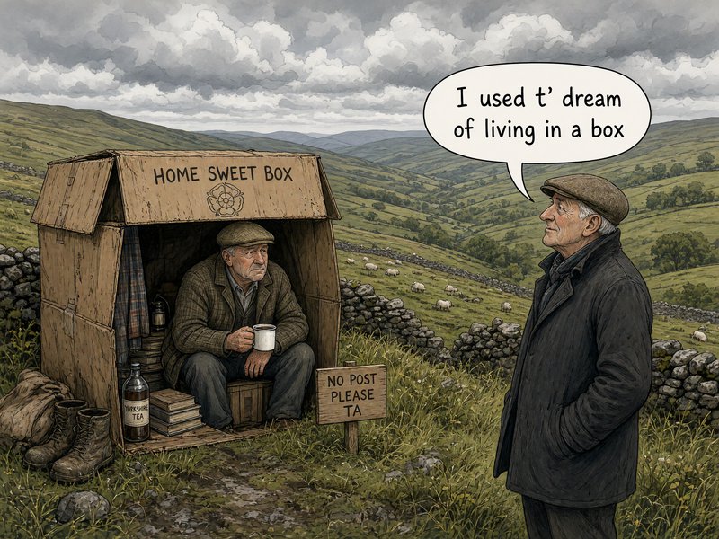 A typical Yorkshire Man with a flat cap, he is living in a box in the middle of the Yorkshire Dale's, off to one side another Yorkshire man is saying wistfully "I used t' dream of living in a box ", typical British humour,