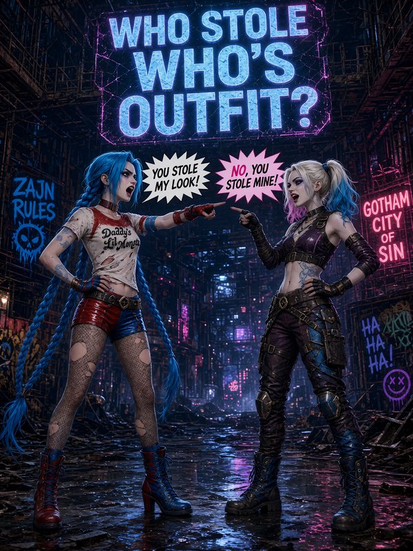 Create a highly polished cinematic crossover illustration featuring **Jinx from Arcane** and **Harley Quinn from the live-action Suicide Squad films**, with the central joke being that they have completely swapped outfits.
**CHARACTER 1 — JINX:**
Jinx is unmistakably recognizable: very long vivid blue twin braids, pale skin, mischievous expression, blue eyes, slim athletic build. She is wearing **Harley Quinn's classic Suicide Squad movie outfit**: distressed white cropped T-shirt with the large red-and-blue lettering **"Daddy's Lil Monster"**, short red-and-blue metallic hot pants, fishnet stockings, high-heeled boots, red-and-blue accessories, and Harley's distinctive playful punk styling. Keep the outfit visually faithful to the movie design.
**CHARACTER 2 — HARLEY QUINN:**
Harley Quinn is unmistakably recognizable: platinum-blonde hair with pastel pink and blue-dipped ends, playful makeup, mischievous grin, expressive blue eyes. She is wearing **Jinx's recognizable Arcane outfit**, adapted faithfully into live-action fashion: dark cropped top, blue-toned tactical/industrial clothing, belts, straps, fingerless gloves, dark trousers/leggings and distinctive Jinx-inspired accessories. Preserve the recognizable silhouette and colour palette of Jinx's Arcane costume.
**POSE & COMEDY:**
They stand facing one another in the centre of the composition, each pointing accusingly at the other with one hand.
Jinx is shouting:
**"YOU STOLE MY LOOK!"**
Harley is simultaneously shouting:
**"NO, YOU STOLE MINE!"**
Make their expressions exaggerated, indignant and hilarious rather than genuinely hostile. Their body language should communicate a ridiculous fashion argument between two chaotic characters.
**SETTING:**
A spectacular cinematic collision of their worlds: an abandoned industrial warehouse where **Piltover/Zaun-style architecture merges with the grimy urban aesthetic of Gotham**, with graffiti, rusted metal, exposed pipes, broken neon signs and scattered debris. Subtle blue Zaun-style atmospheric lighting mixes with pink/red Gotham neon.
Behind them, include a large cracked illuminated sign or holographic display reading:
**"WHO STOLE WHO'S OUTFIT?"**
**COMPOSITION:**
Exceptional professional character-poster composition. Full-body view of both characters, positioned symmetrically on opposite sides of the frame, facing each other. Their pointing fingers create strong diagonal leading lines toward the centre. Jinx's long blue braids create sweeping curves through the composition while Harley's blonde-and-pastel hair provides a contrasting visual shape.
Dynamic low-angle **35mm cinematic camera**, slightly below eye level, subtle wide-angle perspective, excellent depth and dimensionality. Keep both characters completely visible from head to toe. Strong foreground/background separation while retaining environmental detail.
**LIGHTING & VFX:**
Cinematic mixed lighting: cool electric blue rim light from the Zaun side, warm red/pink neon from the Gotham side, subtle volumetric fog, floating dust particles, faint sparks from damaged machinery, wet reflective floor, realistic neon reflections, subtle atmospheric bloom and controlled lens flare.
Add a few stylized comic-book energy accents around their pointing hands, but keep the overall image sophisticated and cinematic rather than cartoonish.
**STYLE:**
Premium cinematic promotional artwork, photorealistic live-action character rendering combined with the distinctive visual identity of Arcane, extremely detailed faces, realistic skin texture, intricate clothing materials, believable hair strands, physically accurate fabric and leather, dramatic cinematic colour grading, high dynamic range, sharp character detail, sophisticated production design, theatrical blockbuster poster quality.
**IMPORTANT:**
Jinx must be wearing Harley's Suicide Squad outfit.
Harley must be wearing Jinx's Arcane outfit.
Do not accidentally reverse the clothing.
Both characters must be clearly recognizable.
No extra characters.
No duplicated limbs or fingers.
No cropped heads or feet.
Keep the text legible and correctly spelled.