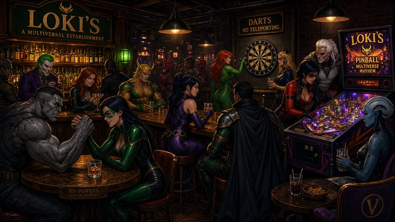 Imagine a multiversal Bar called Loki's, Male and female Supervillains and superherores from DC , Marvel and Image comics meet there to relax and unwind, that could mean arm wrestling your nemesis, playing darts or even pinball, the image should capture a candid slice of the action as they all unwind and relax away from the stress of life, make sure they are all Canonically correct, superb lighting and composition, 8k