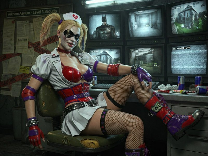 [Harley Quinn in her iconic nurse costume reclines in an Arkham Asylum security control room, with CRT surveillance monito...