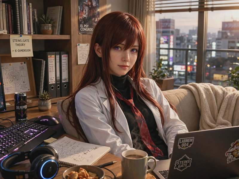 Makise kirasu from steins gate, she is in her apartment relaxing, AAA premier gaming character aesthetic,  subsurface scattering,  superb composition