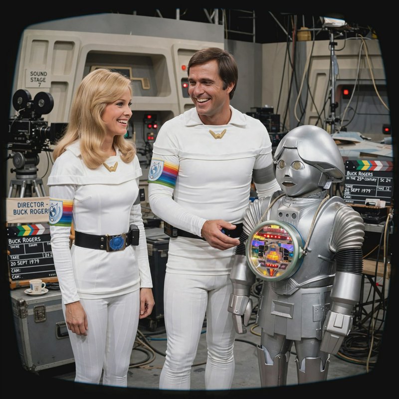 Candid behind-the-scenes shot of 1979 Buck Rogers cast standing with the Twiki robot on a sound s...