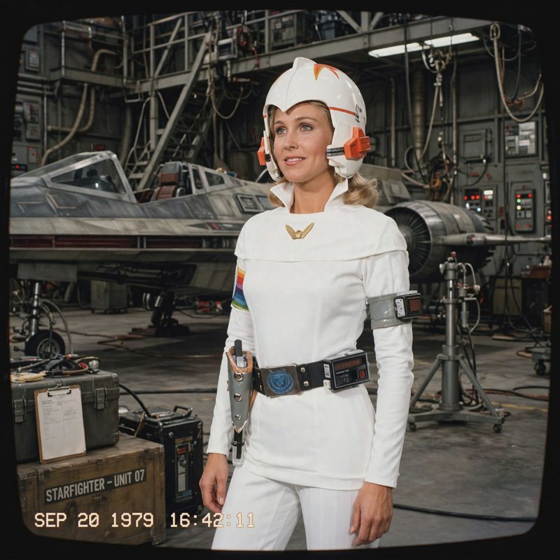 Vintage 1979 sci-fi still of female starfighter pilot in flight suit standing in a spacecraft han...