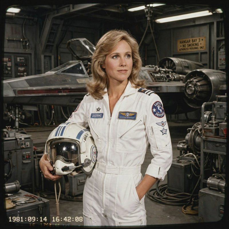 Female 1980s sci-fi pilot in a patched white flight suit holds her helmet, standing in a gritty s...