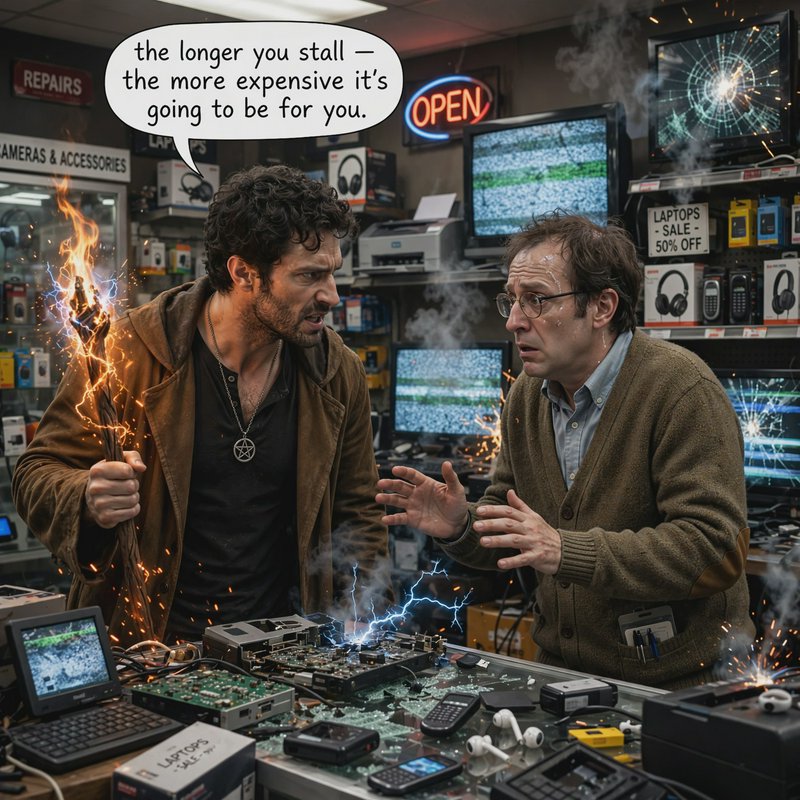 Angry wizard customer with flaming sparking staff argues with stressed electronics store clerk ov...