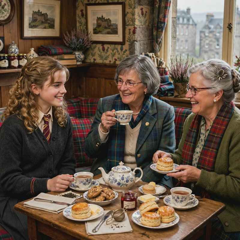 Three generations of women enjoy a traditional afternoon tea spread in a cozy tartan-decorated Sc...