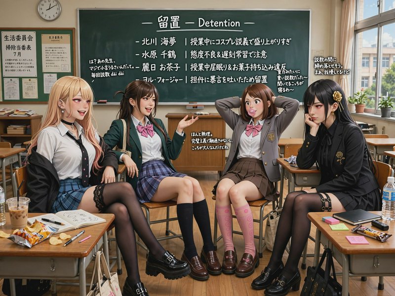 Four anime-style teen schoolgirls sit together chatting during after-school detention in a Japane...
