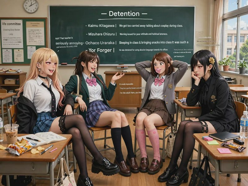 Semi-realistic anime crossover fan art of four popular female characters sitting in a high school...