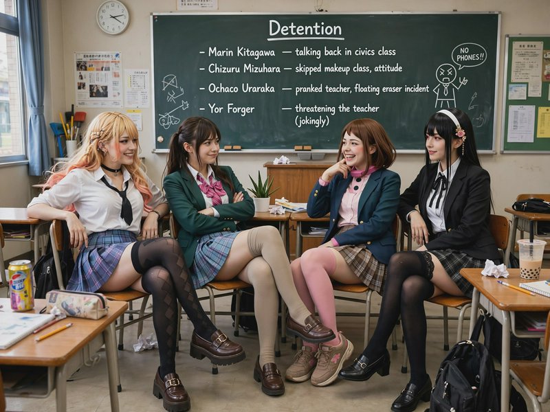 Four laughing anime character cosplayers sit in a high school classroom, with a humorous detentio...