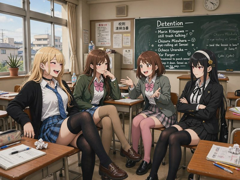 Four iconic anime female characters in school uniforms laugh and chat during detention in a brigh...