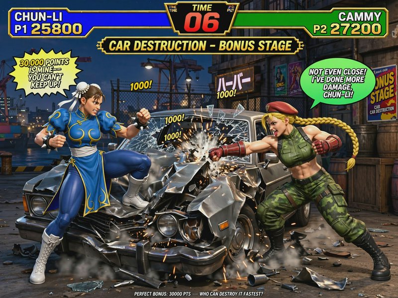 Street Fighter characters Chun-Li and Cammy compete to destroy a car in the classic arcade car de...