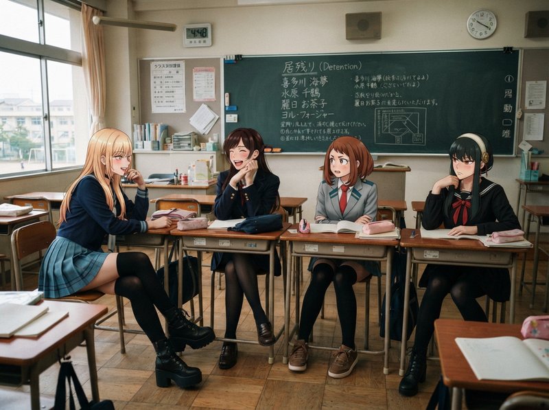 Anime style illustration of four female high school student characters sitting at desks in a Japa...