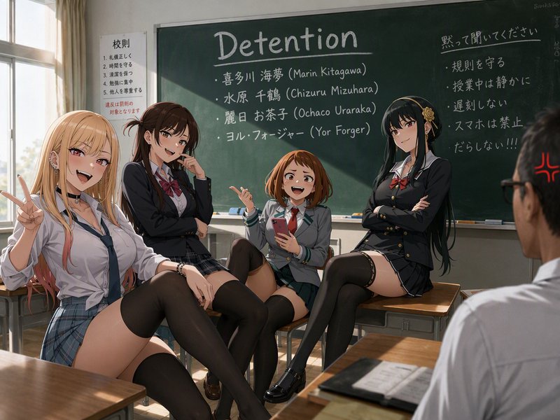 Crossover anime fan art of four popular female anime characters sitting in a high school detentio...