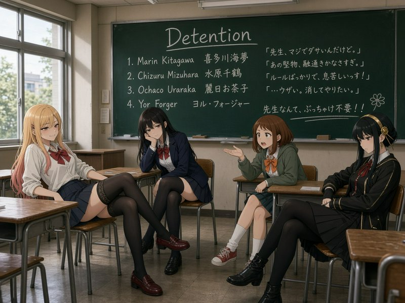Crossover anime fan art of four popular female characters sitting in a sunlit high school detenti...