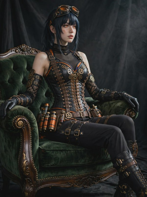 Steampunk woman with brass goggles and gear-adorned corset sits in an ornate green velvet armchai...