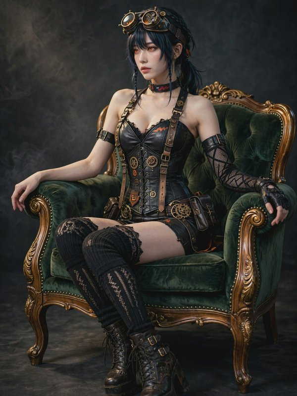 Steampunk woman with brass goggles sits elegantly in an ornate carved green velvet vintage armcha...