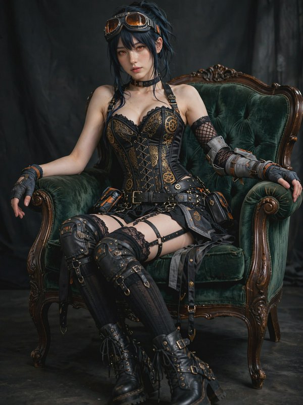 Steampunk woman with aviator goggles sits in an ornate green velvet armchair, wearing a detailed ...