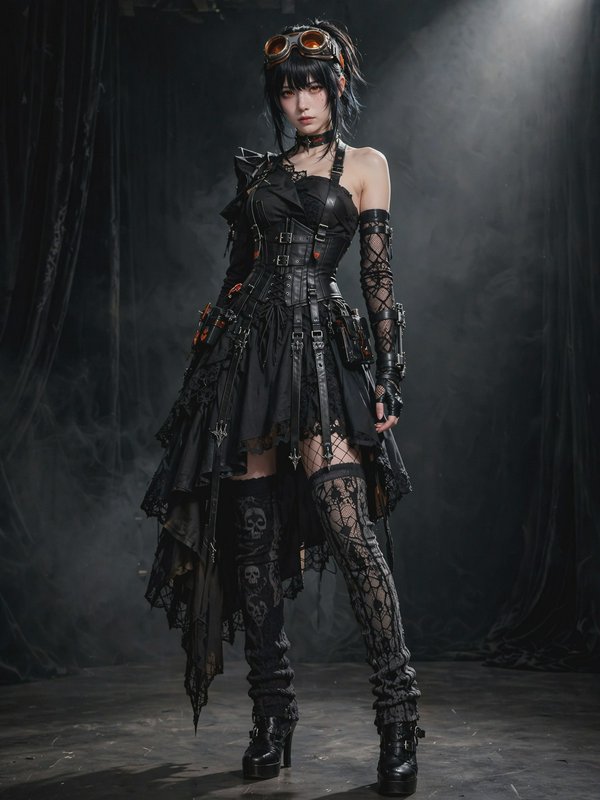 Full length portrait of a woman in gothic steampunk attire with brass goggles, standing in a hazy...