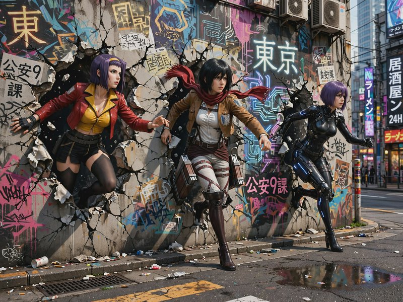 Three iconic anime heroines bursting through a cracked graffiti-covered wall on a gritty downtown...