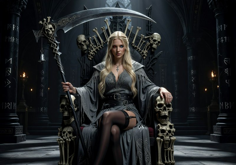 Blonde grim reaper queen with heterochromatic eyes sits on a skull and bone throne holding an orn...