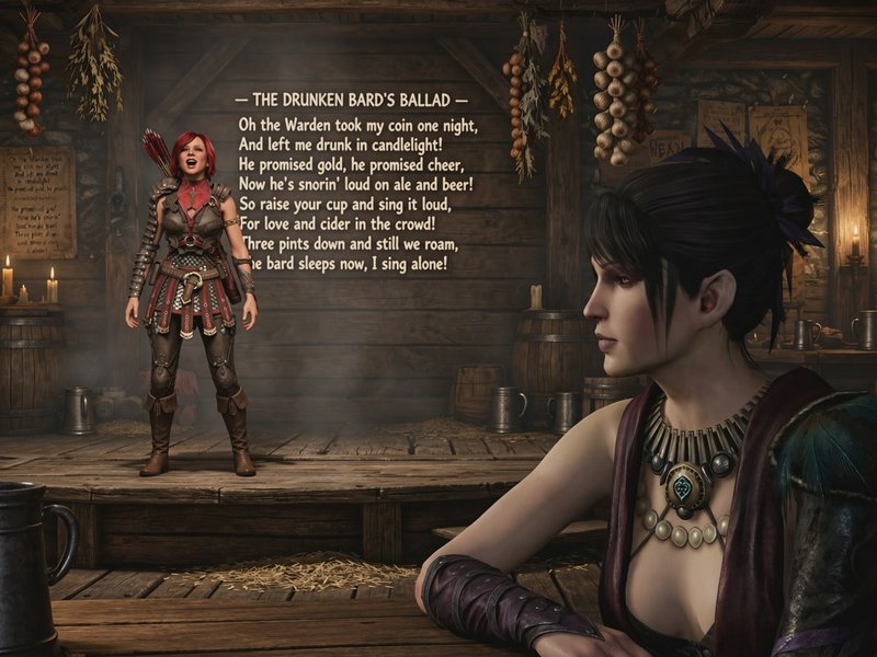 Red-armored female bard sings on a rustic tavern stage, a seated patron watches, with The Drunken...