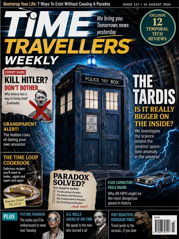 Satirical Time Travellers Weekly parody magazine cover featuring a blue TARDIS, comedy time trave...