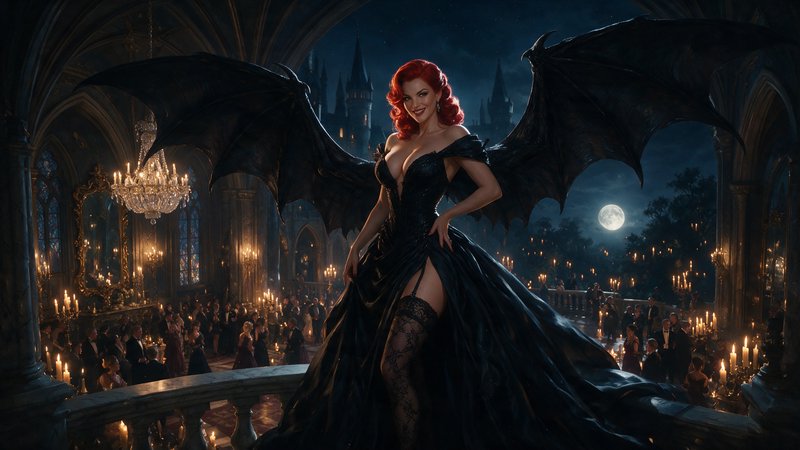 Glamorous red-haired winged vampire woman in a black ballgown overlooks a candlelit gothic castle...