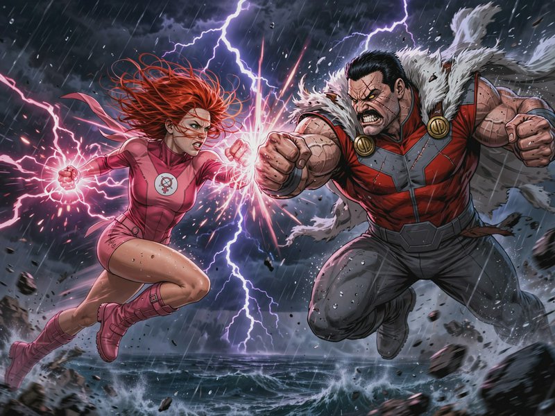 Red-haired female superhero clashes fists with a muscular male villain mid-air during a stormy li...