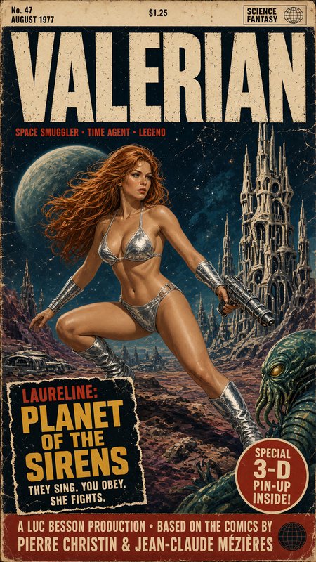 Vintage 1977 Valerian pulp sci-fi magazine cover showing red-haired Laureline holding a ray gun o...