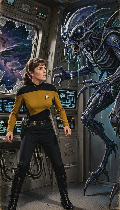 Female Starfleet officer faces a menacing acid-dripping alien inside a damaged starship with a br...