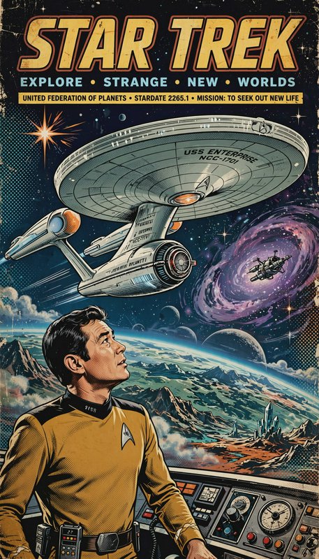Retro Star Trek comic poster showing Starfleet captain, USS Enterprise NCC-1701, and deep space a...