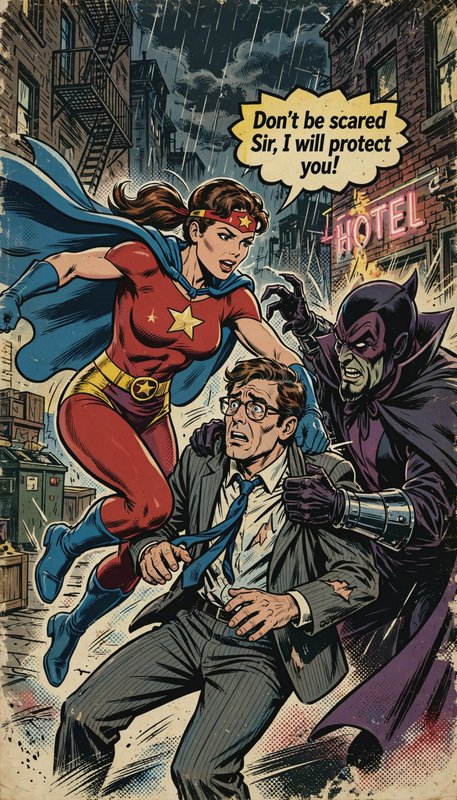 Vintage comic panel: female star superhero rushes to protect a terrified businessman from a villa...