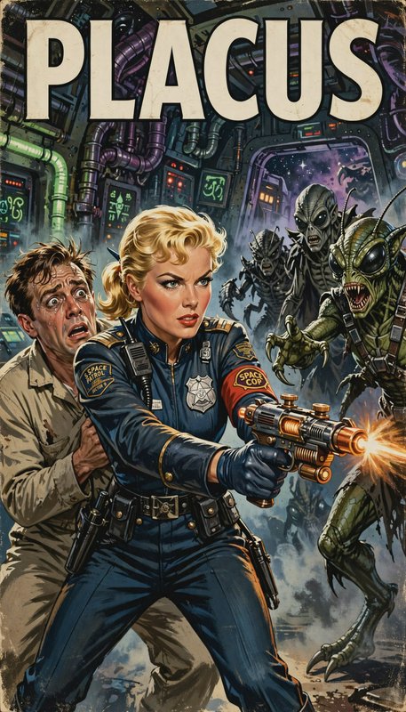 Retro sci-fi comic cover "PLACUS" shows a female space officer firing a ray gun at invading alien...