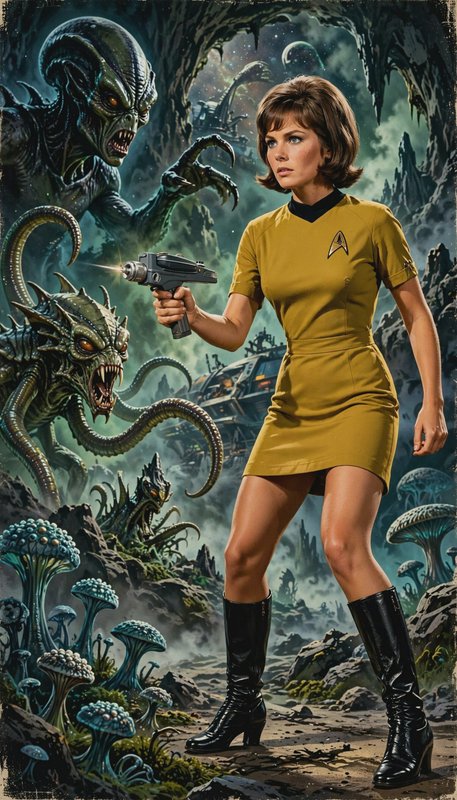 Retro sci-fi art of Starfleet officer firing a phaser at hostile alien creatures on a mysterious ...