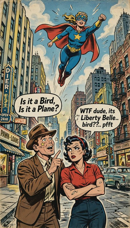 Retro silver age comic panel of flying female superhero above a 1950s city street with funny conv...