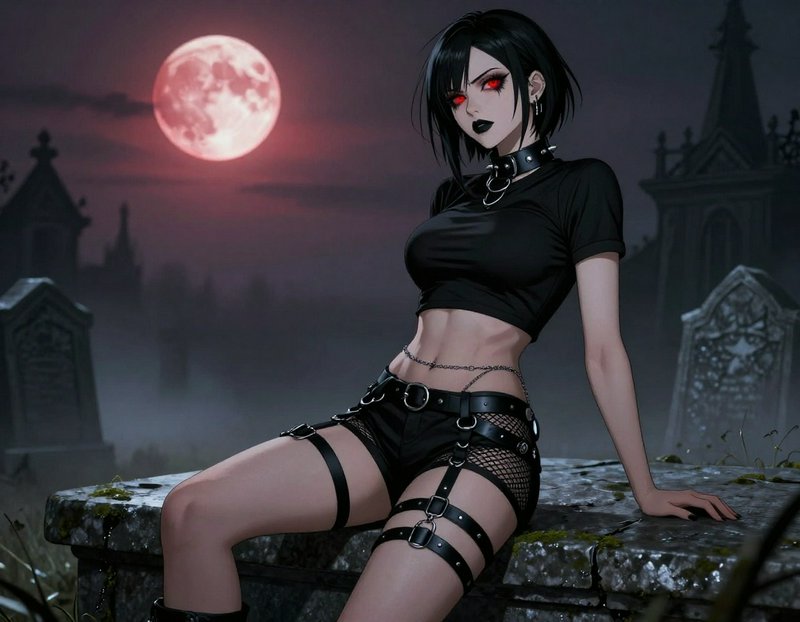 Goth anime woman with glowing red eyes sits on a mossy gravestone under a bright blood full moon ...