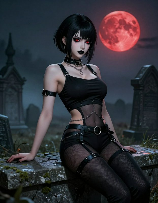 Gothic anime woman with short black hair and red eyes sits on a mossy gravestone under a glowing ...