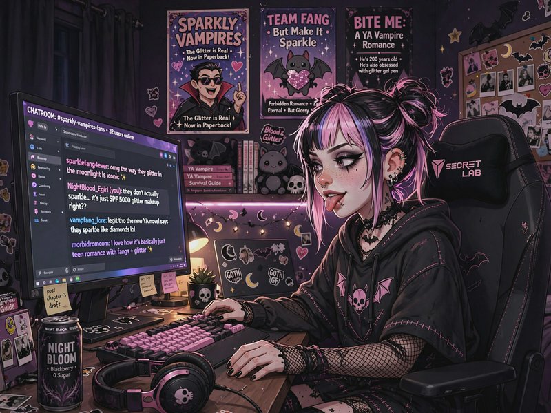 Pastel goth gamer girl sticks out her tongue while chatting in a vampire fandom chat at her theme...