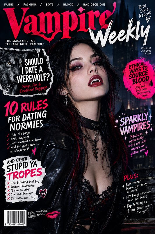 Satirical Vampire Weekly teen goth magazine cover featuring an edgy fanged vampire woman and humo...