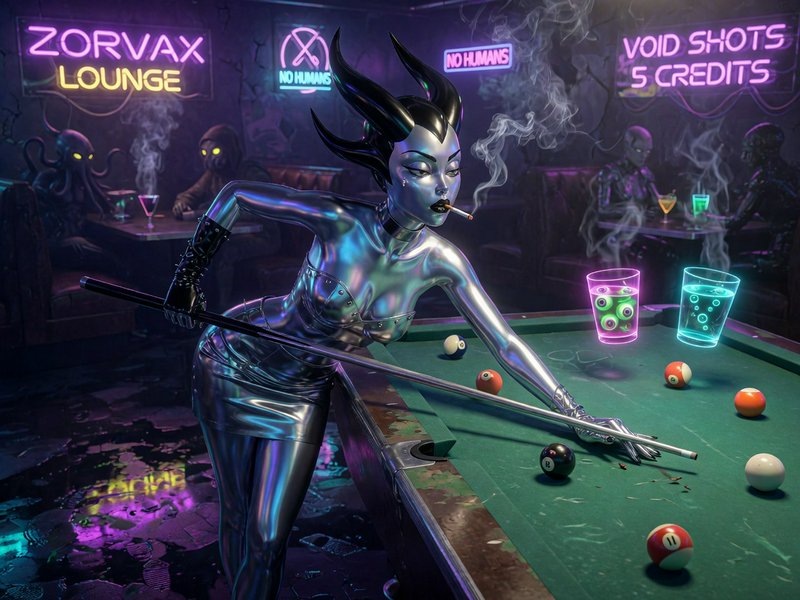 Sleek chrome horned alien woman plays pool in a smoky neon lit sci-fi alien dive bar lounge